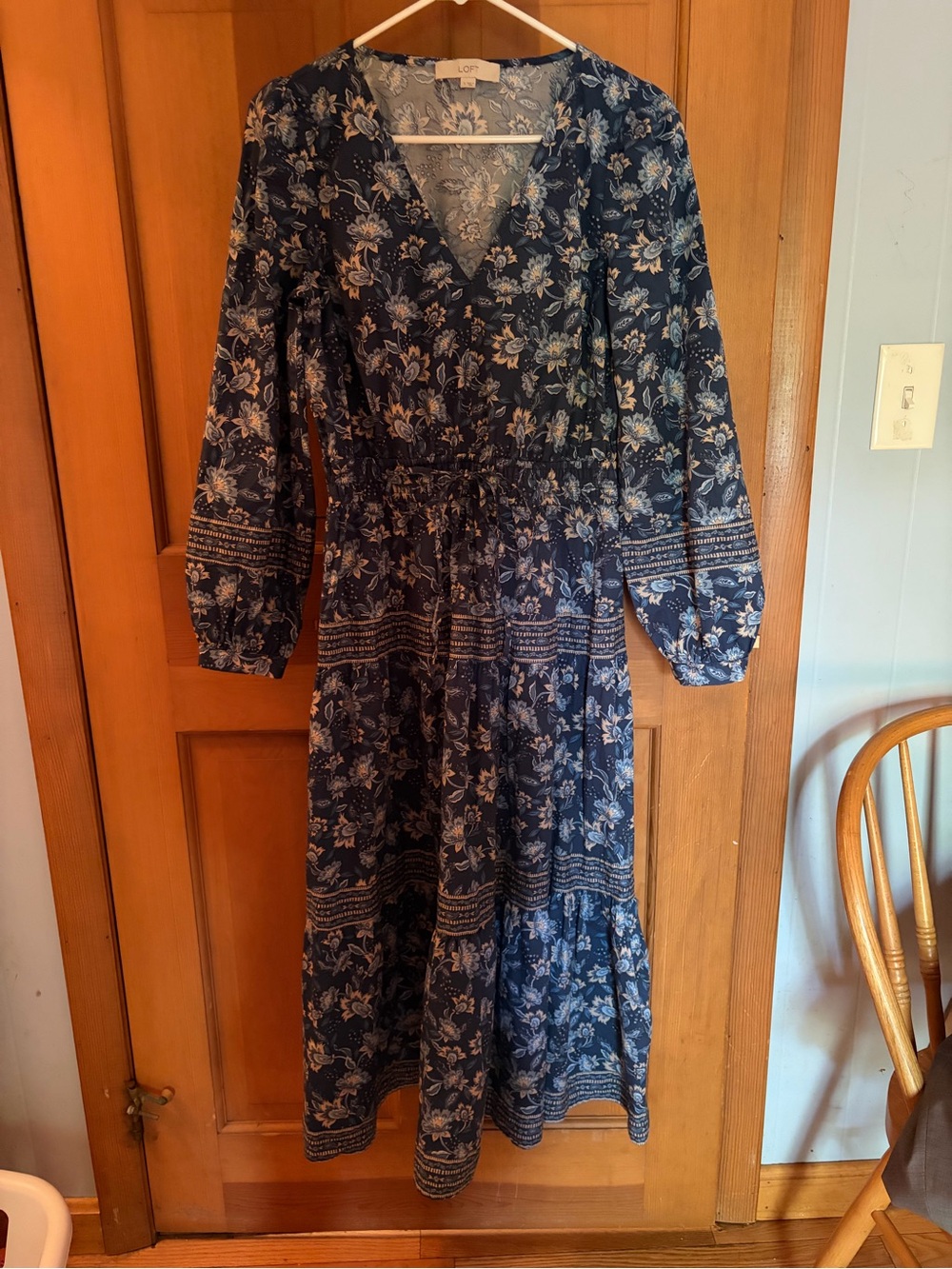 LOFT Navy and Cream Floral Long Sleeve Midi Dress